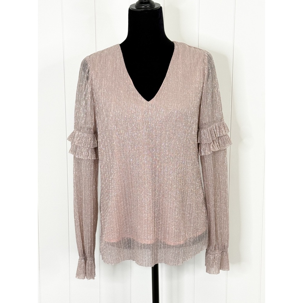 Miss Me Metallic Shimmer Vneck‎ Ruffle Sleeve SMALL Rose Gold Sparkle Barbiecore
